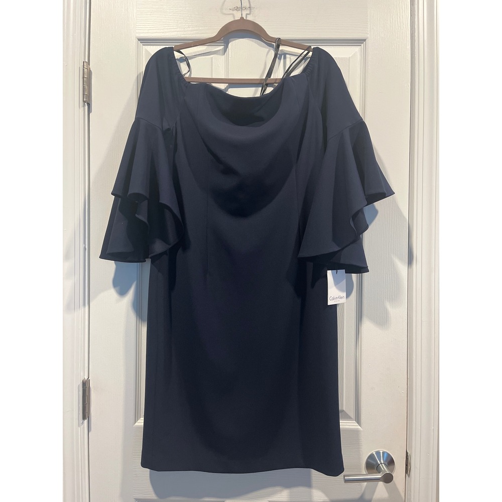 Calvin Klein Navy Blue Off The Shoulder Ruffle Bell Sleeve Sheath‎ Dress 14 NEW